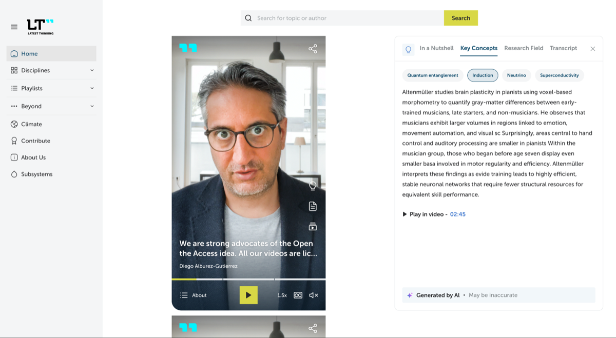 Desktop knowledge view, Key Concepts tab with selectable chips and the play link with a time